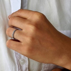 Silverly Women's 925 Sterling Silver Oxidized Simple Bead Studded Thin Band Ring