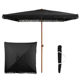 Punchau 6 Ft Square Fringe Patio Umbrella - Outdoor Umbrella for Patio, Pool, Table, Garden, Deck, & Beach - Fashionable Boho Vintage Tassels & Wood Print - Black