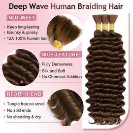 FONFUNY Human Braiding Hair for Boho Braids 120g Deep Wave Boho Bulk Human Hair for Braiding Knotless 12A Curly Wet and Wavy Bohemian Braids No Weft 3 Bundles/Pack Chocolate Brown 20 Inch
