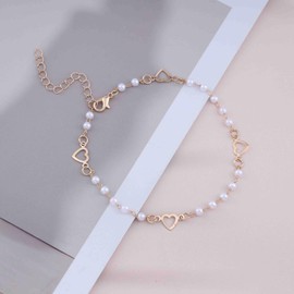 Andelaisi Boho Pearl Ankle Bracelet Gold Pearl Bead Anklet Bracelet Vintage Love Heart Anklet Minimalist Hollow Heart Anklet Foot Chain Jewelry for Women
