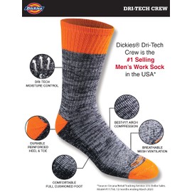 Dickies Men's Dri-tech Moisture Control Crew Socks Multipack, Hi-vis Orange Black (6 Pairs), X-Large