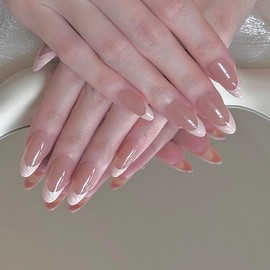 24 Pcs 3D French Tip Press on Nails Medium Pink French Nails Cute Press on Nails Almond Fake Nails Stick on Nails 3D Pink French Press on Nails for Young Girls