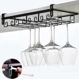 Wine Glass Rack, Wine Glass Holder Under Cabinet,4Rows No-Nail Adjustable Metal Wine Glass Storage, Wine Stemware Organizer, Wine Glass Holders Storage Under Shelf for Kitchen Cabinet Bar