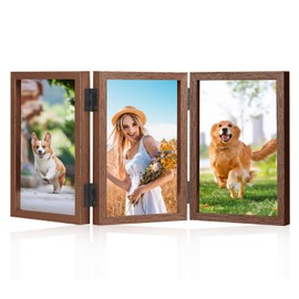 Trifold Photo Frame, 6x4 inches Picture Frame Collage for 3 Photos, Hinged Triple Foldable Frames with Acrylic Plate 180° Foldable Hinged Picture Frame for Wedding Family Tabletop Desk Display (Brown)