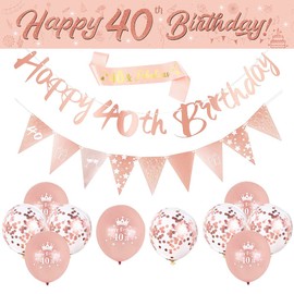 14 Pieces 40th Happy Birthday Decorations,Rose Gold 40th Birthday Party Supplies Including Happy 40th Birthday Banners Birthday Straps Triangle Flag Bunting Confetti Latex Balloons (40th Birthday)