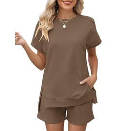 Rapbin Women's Short Pyjamas Cotton Plain Crew Neck Pyjamas Set with Elastic Waistband and Pockets, khaki, S