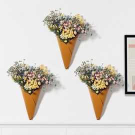 3 Pack PU Leather Wall Vase Holder Yellow Hanging Vase with 5 Hook for Dry Flowers Plants Indoor Modern Decor Farmhouse Kitchen Living Room Bedroom (No Flowers)