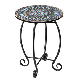 The Home Cult 14" Round End Table, Unique Relief Ceramic Tile Tabletop with Metal Frame, Metal Scrollwork Accent Side Table