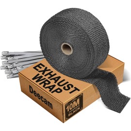 10M Exhaust Heat Wrap, Deecam Car Heat Wrap Roll, Glass Fiber Exhaust Tape Bandage, with 10 Pcs Self-locking Stainless Steel Cable Ties, Used for Motorcycle Car Pipe Insulation (Black)