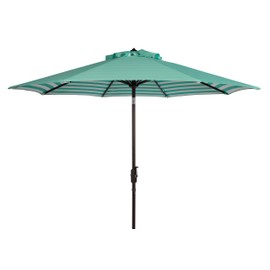 SAFAVIEH 9ft Outdoor Patio Umbrella, Round, Athens Collection, Dark Green & White Stripe, Auto Crank Tilt, UV Resistant for Deck, Backyard, Poolside (PAT8007E)