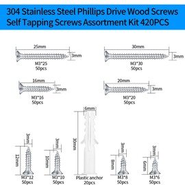 420 pieces M3 self-tapping screws, 304 stainless steel wood screws, flat head assortment set with 20 pieces M6 screws anchors - 6 mm/8 mm/10 mm/12 mm/16 mm/20 mm/25 mm/30 mm