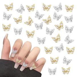 30 Pcs Butterfly Nail Charms 3D Alloy Nail Charms Shiny Crystal Rhinestones Nail Art Accessories Nails Gems Decorations Supplies for Women Girl Nail DIY Craft, Gold&Silver (30)