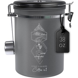 CafetastiQ Large Coffee Canister – Airtight Stainless Steel Storage Container with Date Tracker & Scoop, Sealed Jar for Grounds, Beans, Tea, Flour, Cereal, and Sugar (Gray Home, 38OZ)