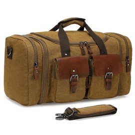 SUIKIHUM Canvas Duffle Bag with Genuine Leather Accents, Expandable 20-23 Inch Travel Weekender, Multiple Pockets, Coffee
