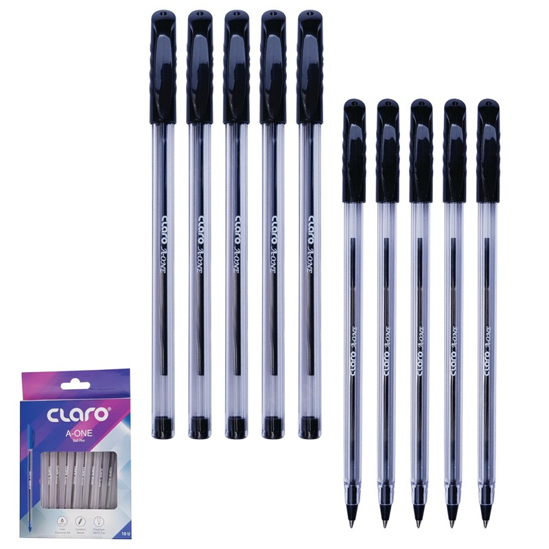 CLARO A-one Ballpoint Pens, BLACK, Medium Point (1.0mm), Pack of