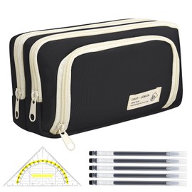 Halinuia 7 Pieces Large Pencil Case Aesthetic with 1 Triangle Ruler 5 Pens Pencil Case with 3 Compartments Pencil Case for Boys Girls Students and Adults for School Office (Black), black, Classic