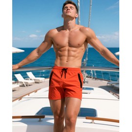 Mens Swim Trunks 5" with Mesh Lining Quick Dry Beach Shorts with Zipper Pockets Sports Swimming Trunks for Men, Orange, Large
