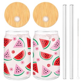 Whaline 2Pcs Watermelon Drinking Glasses 16oz Red Pink Watermelon Flower Glasses Cup Summer Ice Coffee Cup with Lid Straw for Cocktails Beer Soda