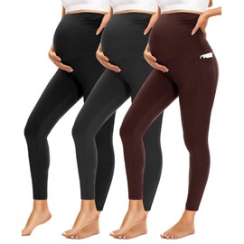 HIGHDAYS Womens Maternity Leggings with Pockets Over The Belly,3 Packs Pregnancy Soft Workout Activewear Yoga Tights Pants