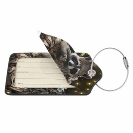 Numland Luggage Tag Raccoon Painting,Stainless Steel Ring Leather Luggage Tag for Travel Bag Suitcase