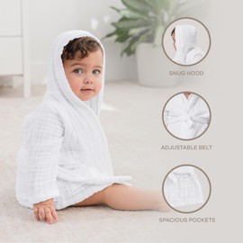 Comfy Cubs Muslin Bath Robe for Kids, 6-12 Months - 100% Cotton, 4-Layer Absorbent Muslin Fabric, Lightweight Bath Robes with Pockets and Belted for Bath Time & Relaxing, (White)