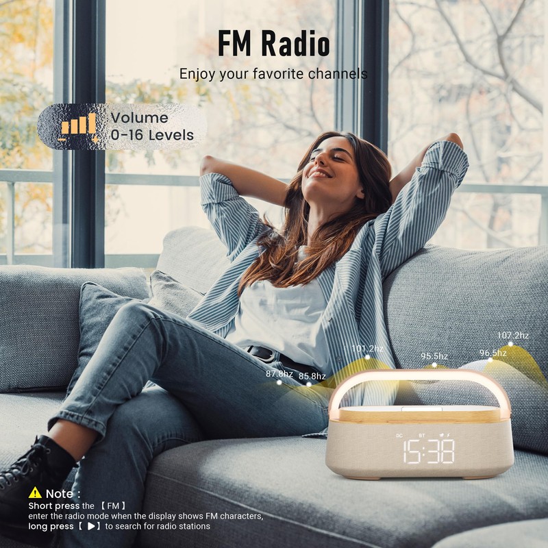 Alarm Clock Bedroom with Wireless Charger Bluetooth Speaker FM Radio