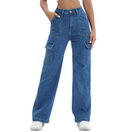 ETTELO Women Cargo Jeans High Waist Y2K Straight Leg Trendy Stretchy Lightweight Jeans for Women Blue