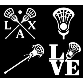 Lacrosse Decal 4 Pack: LAX, Crosse, Lacrosse Stick, Pocket, Love Decals (White, Large ~5")