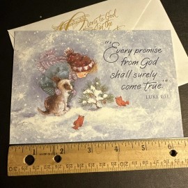 Vtg Christmas Card UNUSED Girl Looking at Tiny Pine Tree Puppy Cardinals W/env