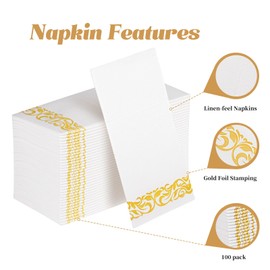 KAMMAK White Dinner Paper Napkins with Pocket Disposable 100 Pack Yellow Trim Linen Feel Wedding Reception Napkins Hand Paper Towels Folded Lunch Napkins for Party, Bathroom (16 x 16 inch)