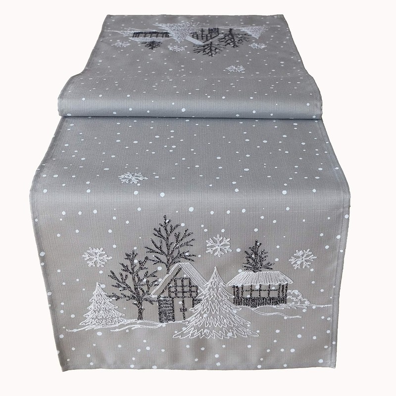 Raebel OHG Table Runner Embroidery Winter Village Fir Christmas White