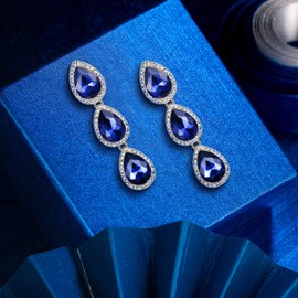 EleQueen Women's Gold-tone Austrian Crystal Teardrop Pear Shape 2.4 Inch Long Clip-on Dangle Earrings Sapphire Color 16001668-6ca