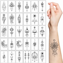 30 Sheets Temporary Tattoos, Black Lotus Flowers Tribal Fake Jewellery Pendant Lace Moon Moth Tattoos Semi Permanent Transfer Tattoos Stickers for Women Girls Makeup Accessories