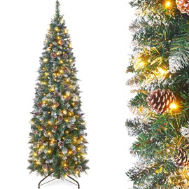 Homde Pencil Christmas Tree 6 Foot Pre-Lit Artificial Christmas Tree with Flocked Snow Pine Cone 160 Warm White Lights Holiday Decor