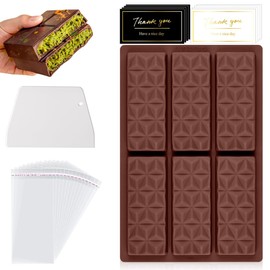 FDKYOEK 6-In-1 Chocolate Bar Mold, 0.6in Deep Chocolate Bar Molds with 150PCS Thank You Stickers,100PCS Plastic Wrappers and 1 Scraper, Soft Food Grade Silicone Candy Bar Mold, Non-Stick, Brown