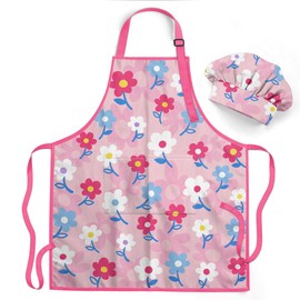 SANDJEST Kid Apron with Front Pocket, 2Pcs Kid Apron and Chef Hat, Chef Cooking Apron for Kids Girls Gardening Baking Painting, Floral Apron Gift