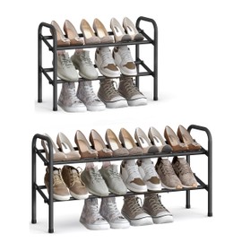 SONGMICS Expandable Shoe Rack, 2 Tier Shoe Rack Shelf, Adjustable Shoe Organizer Storage for 15 Pairs of Shoes, Metal Free Standing Shoe Racks for Closet, Front Door Entryway, Easy Assembly, Ink Black