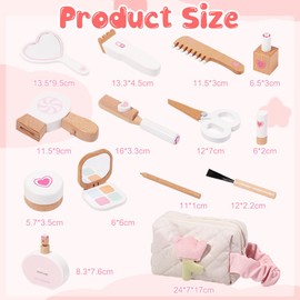 14 Pieces Wooden Children's Make-Up Set Girls, Wooden Vanity Case Children with Cosmetic Bag for Children's Role Play, Makeup Toy Gift for Birthday for Girls from 2 3 4 Years