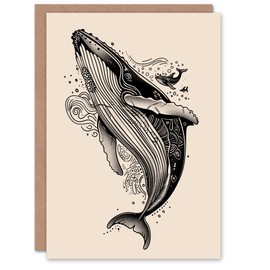 Artery8 Greeting Card Humpback Whale with Tribal Patterns Tattoo Style Blank For Him Or Her Art Birthday Card