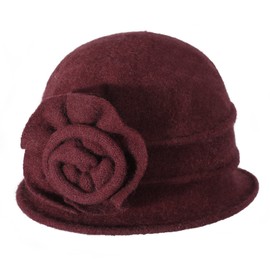 ZLYC Women's Winter Wool Fishing Hats Flowers 1920s Vintage Bowler Hat, Flowers Burgundy