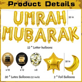 Umrah Mubarak Ramadan Decoration Set - 44 Pieces Black Gold Ramadan Decorative Balloons Umrah Gift for Muslim Party Islamic Festival Topper Umrah Mubarak Decorations