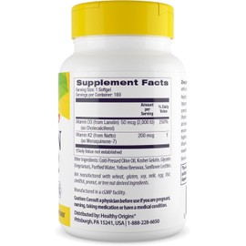 Healthy Origins Vitamin D3 2,000 IU (50 mcg) & K2 200 mcg (Non-GMO, 3rd Party Tested, Bone Support, Cardiovacsular Support), 180 Softgels