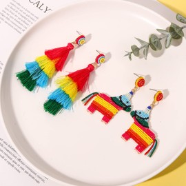 Boderier 2 Pairs Cinco De Mayo Earrings for Women Beaded Donkey Sombrero Fiesta Tassel Dangle Earrings Mexican Holiday Costumes Decorations Party Jewelry Gifts (Donkey Tassel)