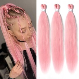 CANELIA Pre stretched Braiding Hair 26 Inch Pink Braiding Hair Extensions Yaki Braids Hair Hot Water Setting Synthetic Braiding Hair Pre stretched Crochet Hair(26 Inch,3 Packs,Light Pink#)