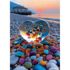 Beach Sunset Heart Jigsaw Puzzle 1000 Pieces for Adults Colorful Pebbles Coastal Scene Challenging Puzzle Games Premium 1000-Piece Puzzle for Game Night or Gift