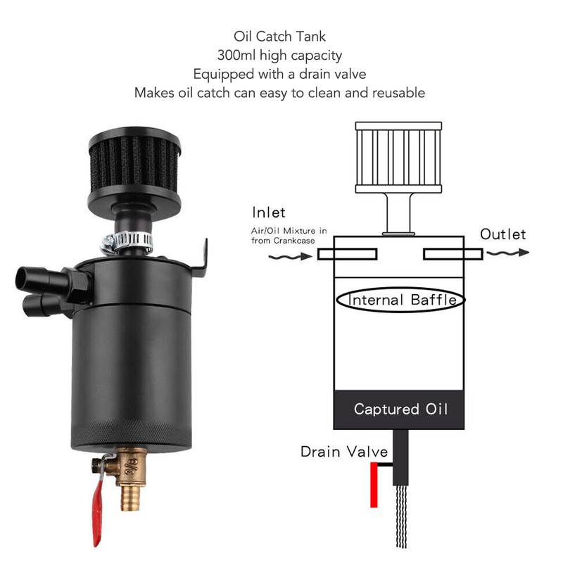 2 Port Oil Catch Can with Drain Valve 300ml Aluminum