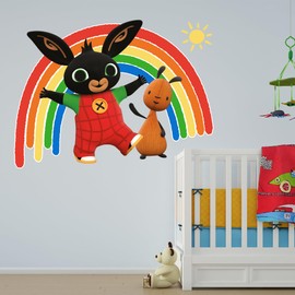 Bing Wall Sticker - Bing Bunny and Flop with Rainbow and Sun Wall Decal Kids Art (90cm Width x 65cm Height)