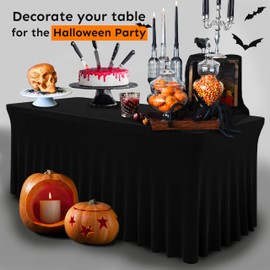 Table Skirt for Rectangular Tables 6ft - Spandex Table Covers for Standard 6 Foot Table - One Piece Fitted Elastic Tablecloth - Wrinkle Resistant Ruffles Design for Weddings, Party, Events (Black)