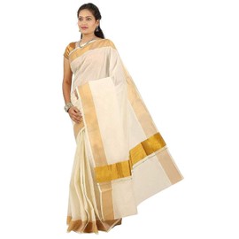 Stylesindia Kuthampully Kerela Cotton Kasavu Kattikara Floura Jari Woven Saree With Blouse 6.25 Meters (Plain 4" Golden Zari Border)