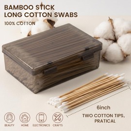 OwnWise Long Cotton Swab Double Ended in Storage Box, 300 Count 6 Inch Cotton Swabs with Bamboo Sticks, Wooden Cotton Tipped Applicators for Makeup, Home